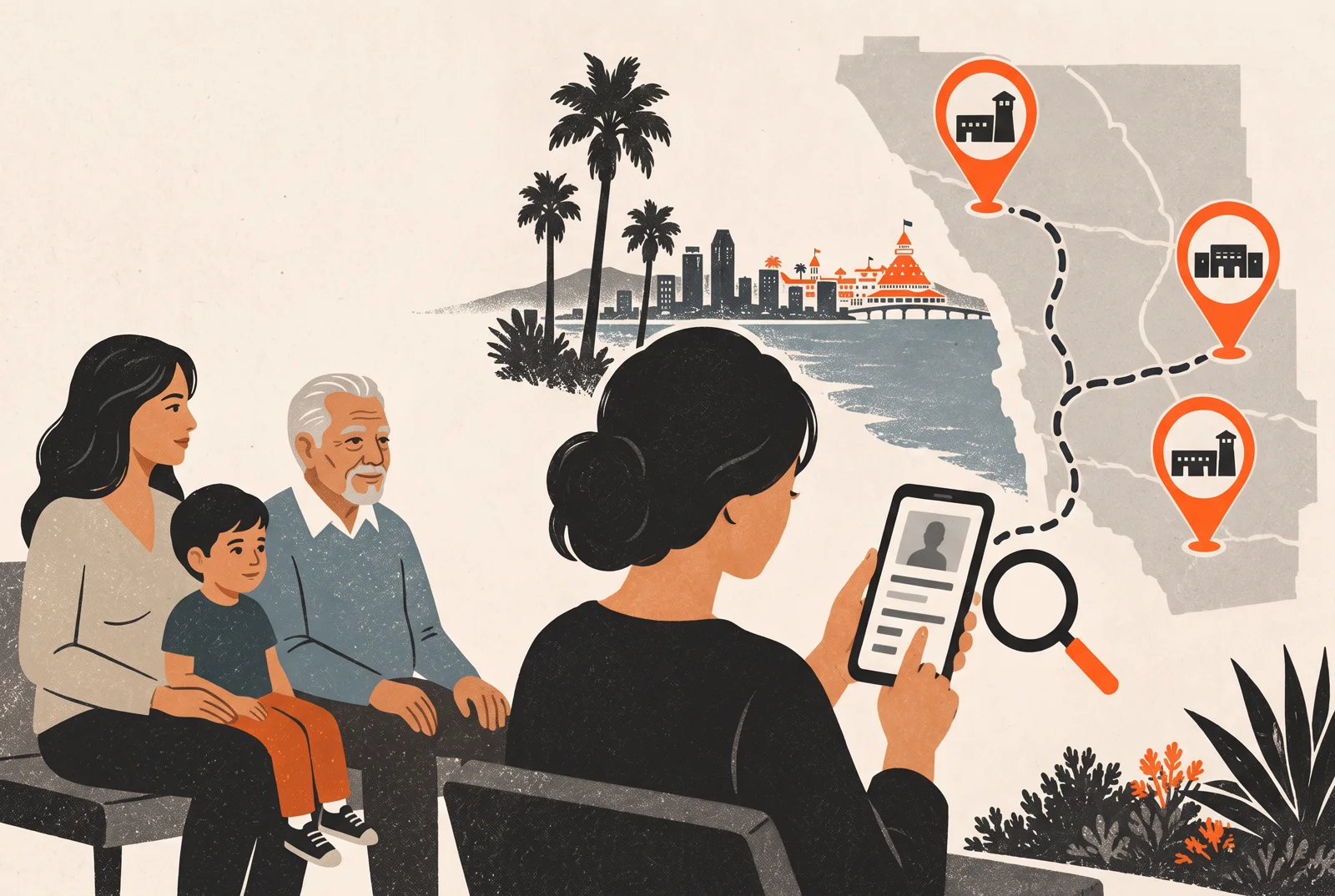 Una familia hispana usando el teléfono para encontrar la cárcel correcta en el Condado de San Diego