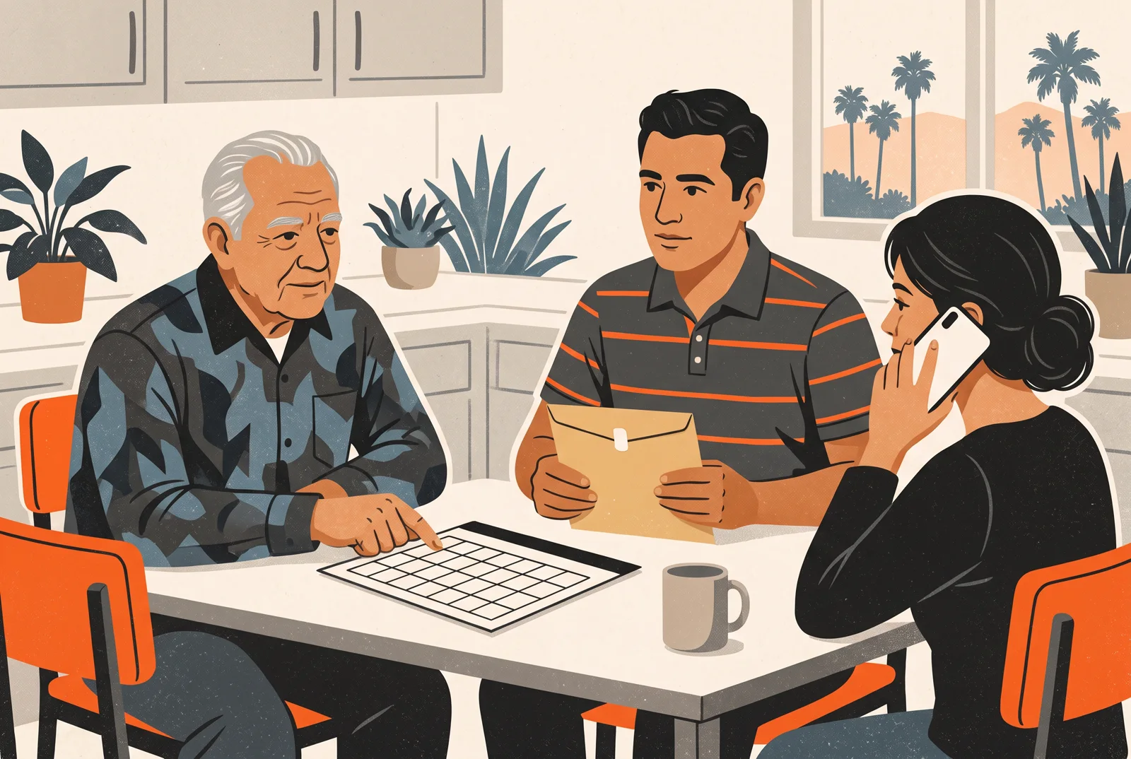 Una familia hispana organizando la información necesaria para ayudar a un ser querido bajo custodia
