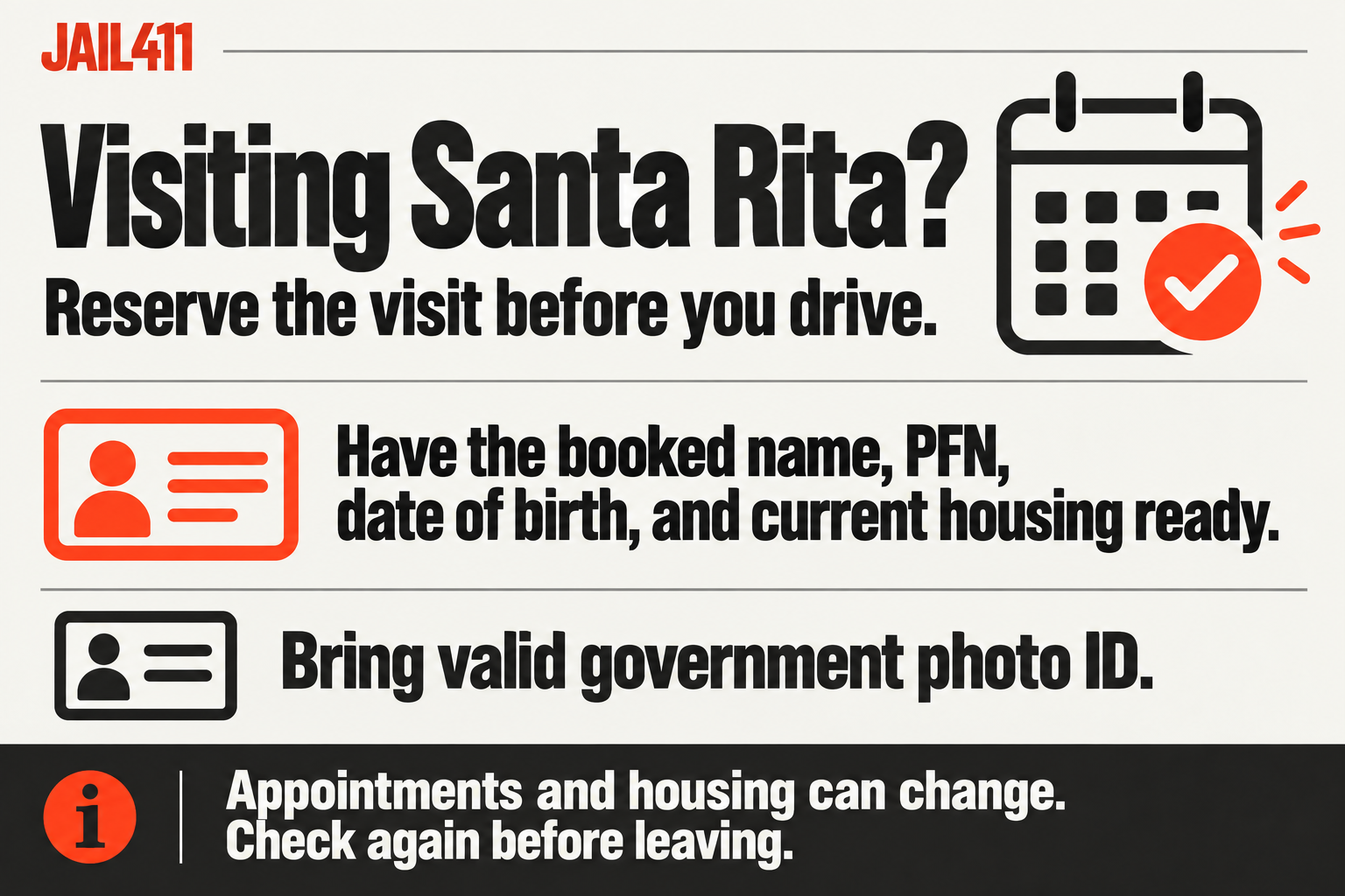 Santa Rita Jail visiting checklist: reserve the visit before driving, have the booked name, PFN, date of birth and current housing ready, bring valid government photo identification, and check again before leaving.