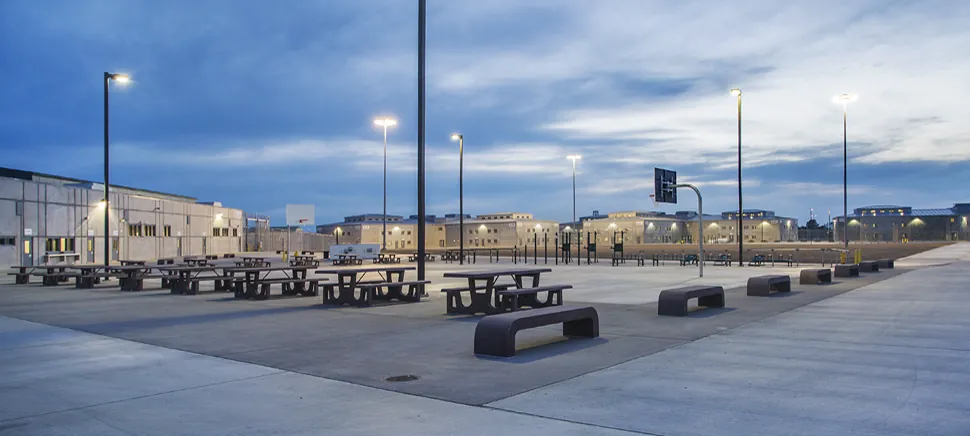 Mule Creek State Prison recreation yard at dusk