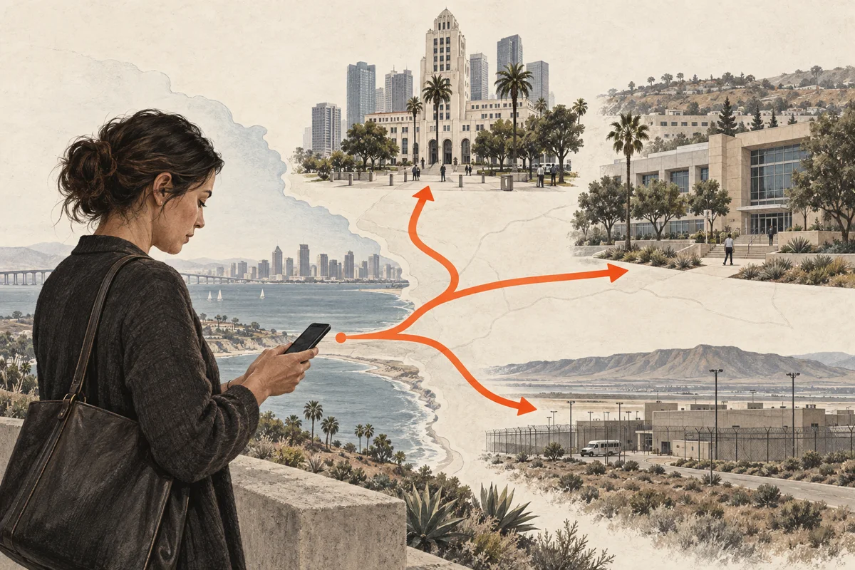 Illustration of a family member following three routes to different San Diego County custody locations