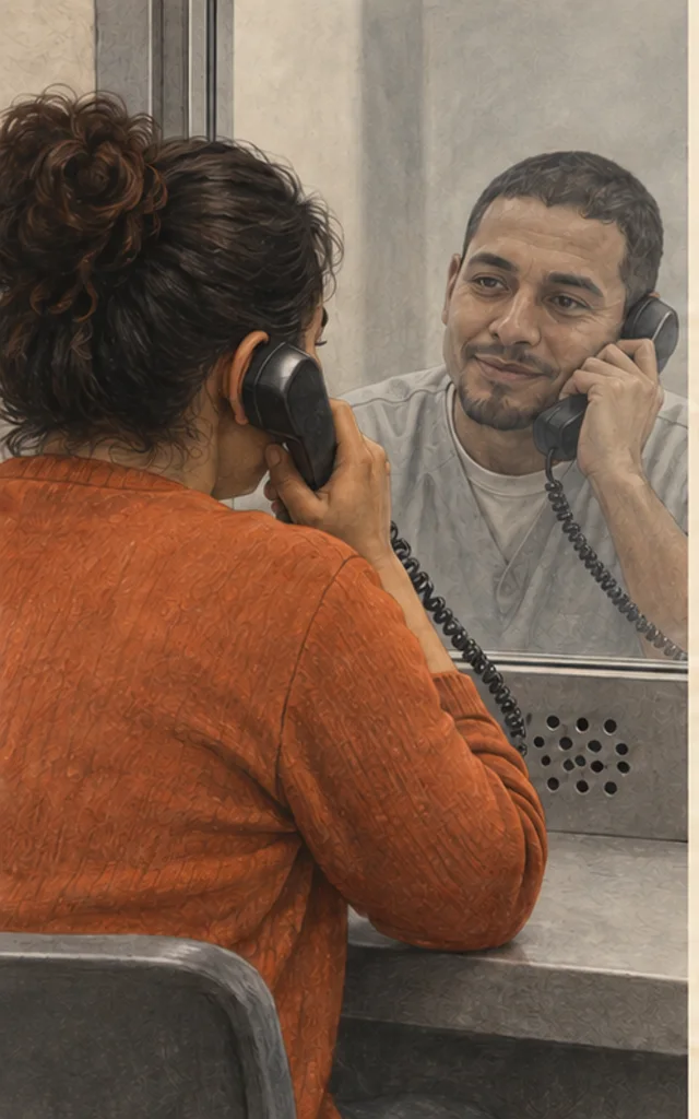 A family member speaking with an incarcerated loved one during a secure visit